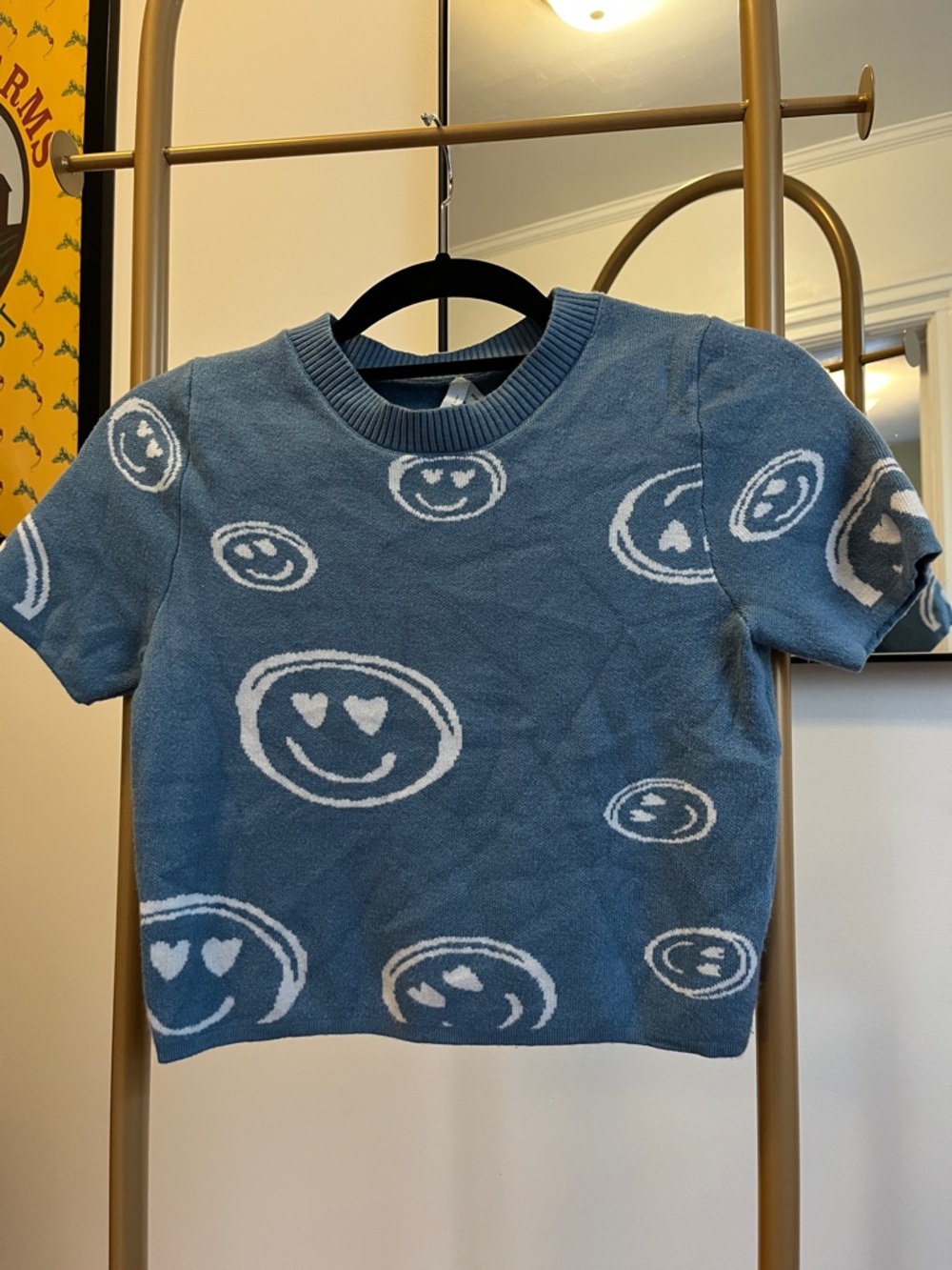 Dreamers Blue Knit Smiley Short Sleeve Sweater